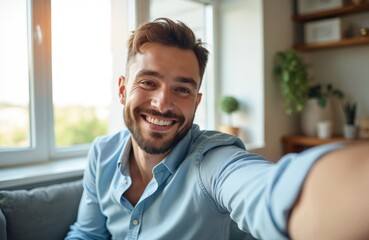 Handsome man takes a selfie with a big smile at home. Happy male using phone for video call. Joyful person communicating online. Male person at living room.