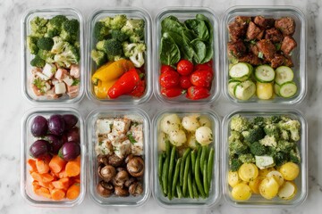 A vibrant assortment of healthy, cooked, and portioned meals is organized in eight clear glass containers for efficient weekly meal preparation.