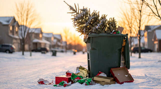 Discarded Christmas tree and gift wrapping in a trash can on a snowy street after the holiday season.