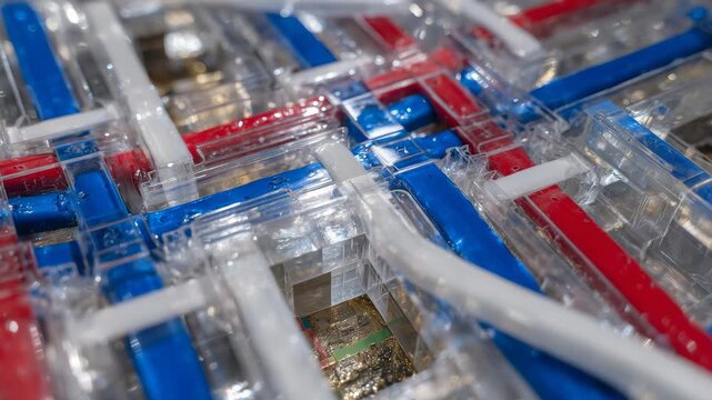 Close-up of floor heating installation with red and blue PEX tubes arranged geometrically beneath transparent flooring