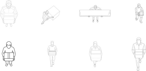 Diverse line art depictions of individuals carrying packages