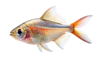 Fototapeta premium A small shimmering translucent fish with delicate fins and a vibrant orange tail isolated on transparent background