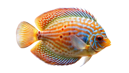 Vibrant symphysodon discus fish with striking orange and blue patterns isolated on transparent background