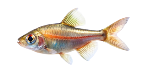 A small iridescent freshwater fish with a red stripe and translucent fins isolated on transparent background