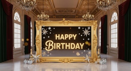 Fototapeta premium Happy birthday celebration in luxury room with gold frame and champagne bottle for birthday party