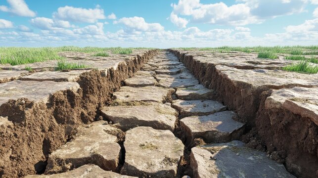 Cracked earth with exposed geological layers under a blue sky