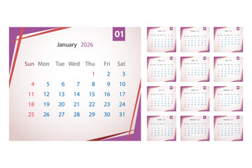 Modern and stylish 2026 calendar template, featuring all twelve months with a clean layout and decorative purple and red geometric accents. Perfect for planning and scheduling.