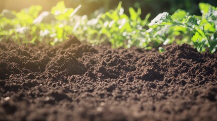 Close up of rich brown soil with organic matter