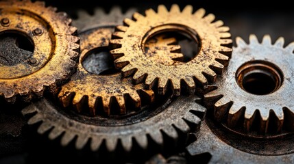 Close up of rusty interlocking metal gears depicting mechanism