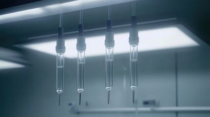 Collection of sterile disposable vials filled with clear liquid hanging in a laboratory setting