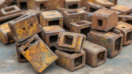 Close up of rusty interlocking metal components in pile