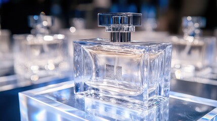 Elegant perfume bottle on illuminated acrylic display shelf