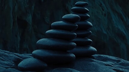 Dark smooth basalt stones carefully stacked to create balanced towers on a rocky surface