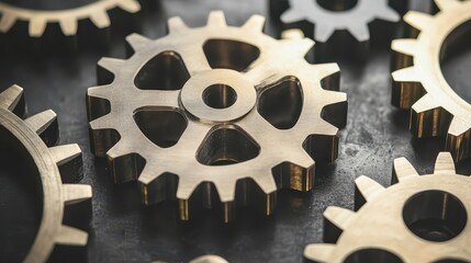 Closeup of interlocked polished brass gears representing machinery