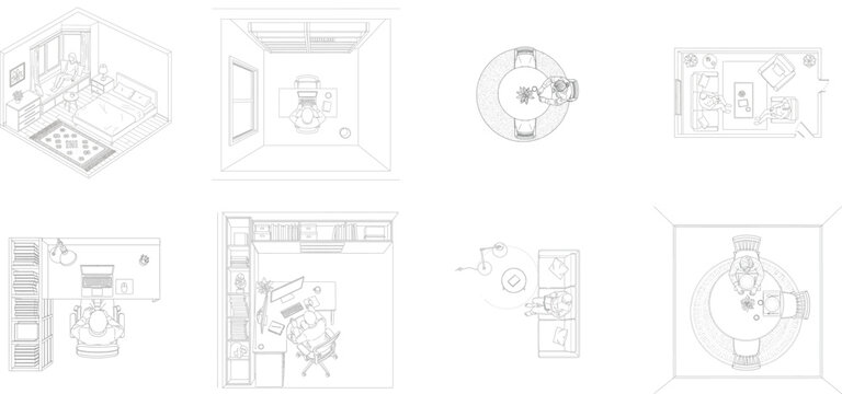 Mixed Perspective Interior Design Floor Plans With People