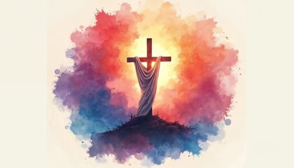 Wooden cross draped with shroud on hill. Colorful abstract paint splashes form vibrant background behind sacred religious symbol. Hope and resurrection themes.