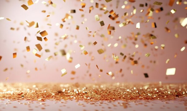 Golden confetti pieces falling and resting on a shiny surface creating a festive, sparkling background of celebration