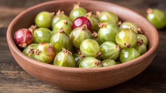 Close Up View Of Gooseberries In A Wooden Bowl