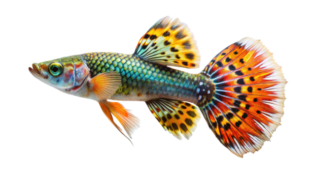 Vibrant male guppy fish with elaborate fins and scales isolated on transparent background