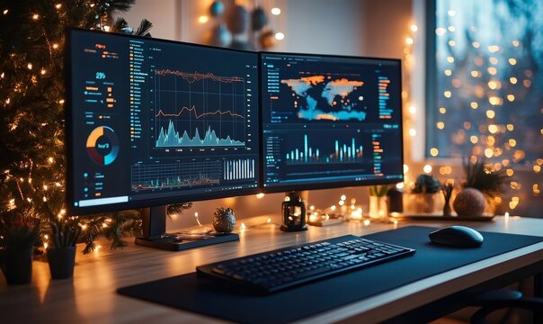 Modern home office workspace featuring dual monitors displaying charts and graphs, with christmas lights decorating the desk area and tree