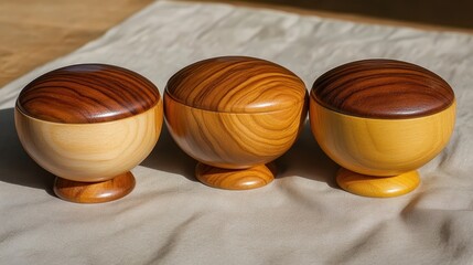 Collection of simple sturdy wooden bowls handcrafted with care displaying natural wood grain patterns