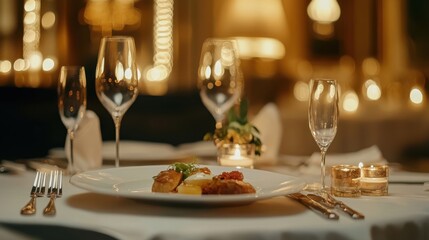 Elegant fine dining table setting with gourmet food and candles