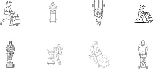 Top View Line Art of Delivery Personnel with Hand Trucks Keywords: top view, line art, delivery