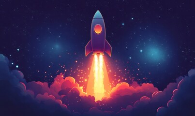Rocket taking off from colorful clouds, symbolizing innovation, startup momentum, and achieving new goals under a sparkling night sky