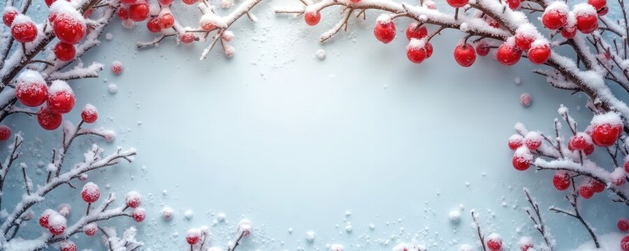 Snowy branches with red berries create a festive winter border. Light blue background with frost and snowflakes evokes holiday cheer. Perfect for cards, decorations, and seasonal designs.