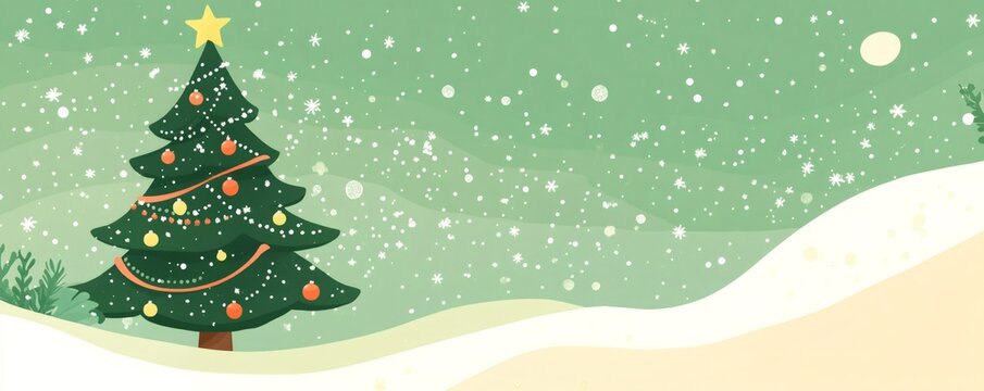 Decorated christmas tree standing in a festive winter wonderland with falling snowflakes creating a cheerful holiday atmosphere