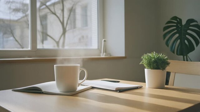 Serene Scandinavian kitchen scene with a cup and plant on a wooden table at morning