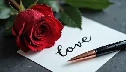 Close up photo shows red rose love note and pen. Floral romantic scene with petals and beautiful handwriting. Valentine gift or wedding invitation concept.