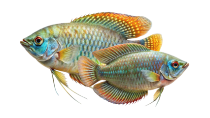 Two colorful dwarf gourami fish showing vibrant iridescent scales and fins isolated on transparent background