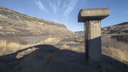 Crumbling concrete pillar with exposed rebar outdoors