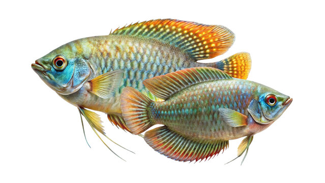 Two colorful dwarf gourami fish showing vibrant iridescent scales and fins isolated on transparent background