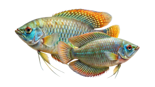 Two colorful dwarf gourami fish showing vibrant iridescent scales and fins isolated on transparent background
