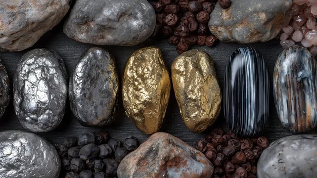 Close-up of polished metal nuggets and raw mineral stones arranged neatly on a dark surface, soft shadows enhancing texture and depth