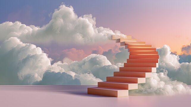 Dreamy staircase leading into colorful clouds at sunset creates a surreal and imaginative atmosphere of wonder and possibility