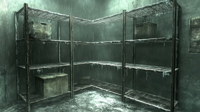 Dimly lit interior of a cold storage unit with empty shelves covered in ice and frost