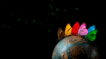 Three different butterflies sit on earth globe on black background, Zero Discrimination Day, 1 March annual event, horizontal banner, free space for text, copy space