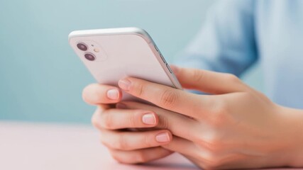 Woman holding a white smartphone browsing internet communication texting social media applications digital technology modern life connectivity pastel colors blue pink background - Powered by Adobe