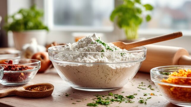 Fresh homemade baking ingredients on rustic kitchen table with spices and herbs