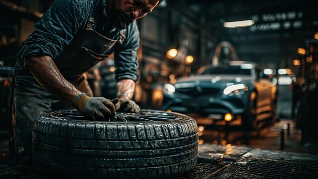 Auto Mechanic Inspecting Tire in Garage with Luxury Car in Background, Automotive Maintenance and Repair Services, Wheel Alignment, Vehicle Safety Check