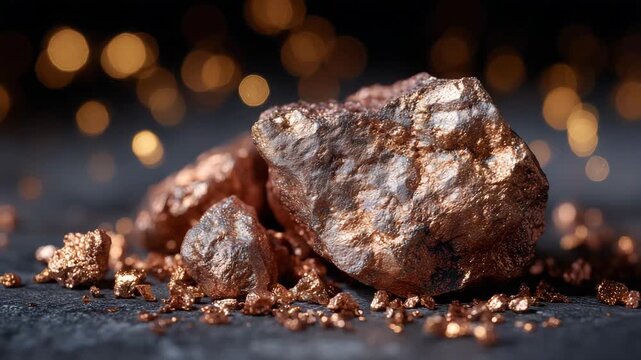Close-up of raw metallic ore fragments displayed on a dark matte background, silver and copper tones glistening under controlled studio lighting