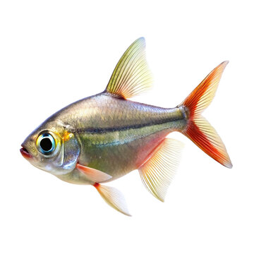 A small shiny silver and orange freshwater aquarium fish swimming isolated on transparent background
