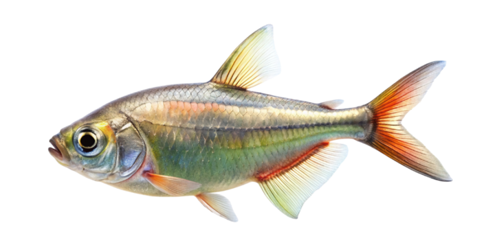 A vibrant aquarium fish with iridescent scales and striking fins isolated on transparent background