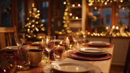 Cozy holiday dining table set for celebration in warm evening light   - Powered by Adobe