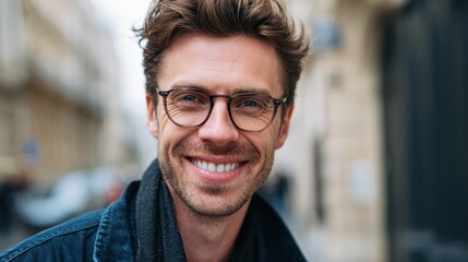 Smiling man wearing glasses in a city street, enjoying a sunny day while looking at the camera