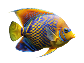 Vibrant king angelfish with striking blue yellow and orange patterns isolated on transparent background