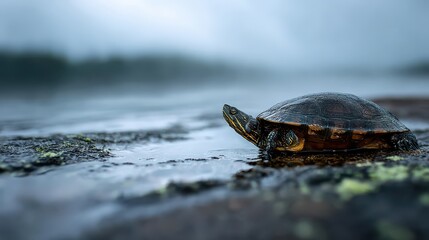 Fototapeta premium Turtle resting on a rocky shore by the water during a cloudy day in a tranquil natural setting